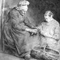Femme normande et petite fille épeluchant des pommes de terre