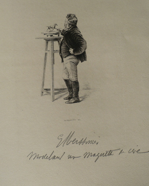 Meissonier modelant une maquette en cire avec annotations de sa femme